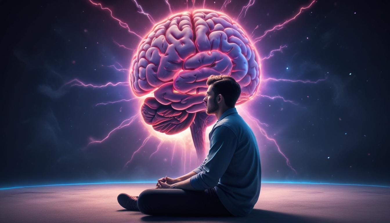 Player's Psychology - The impact of player psychology on game engagement -- A man sitting in the middle of a space with a brain in the background.