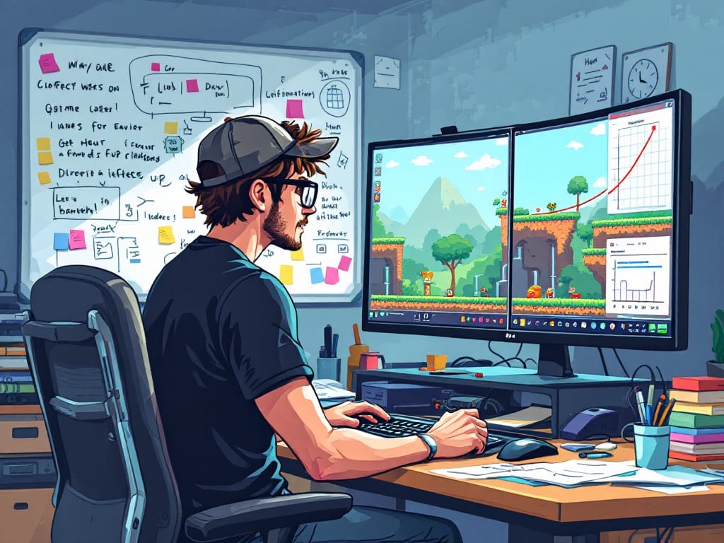 Key Factors to Master in Game Design - 8-bit pixel art style illustration of a game designer implementing techniques like varying level design, difficulty curves, gradual introduction of mechanics, and providing meaningful choices to enhance the overall game design.