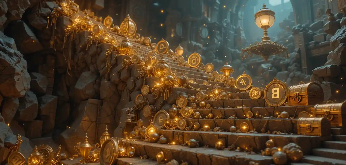 Game Design Principles:Image: Reward System staircase
Alt text: "Ascending staircase made of progressively more elaborate gaming achievements and rewards"