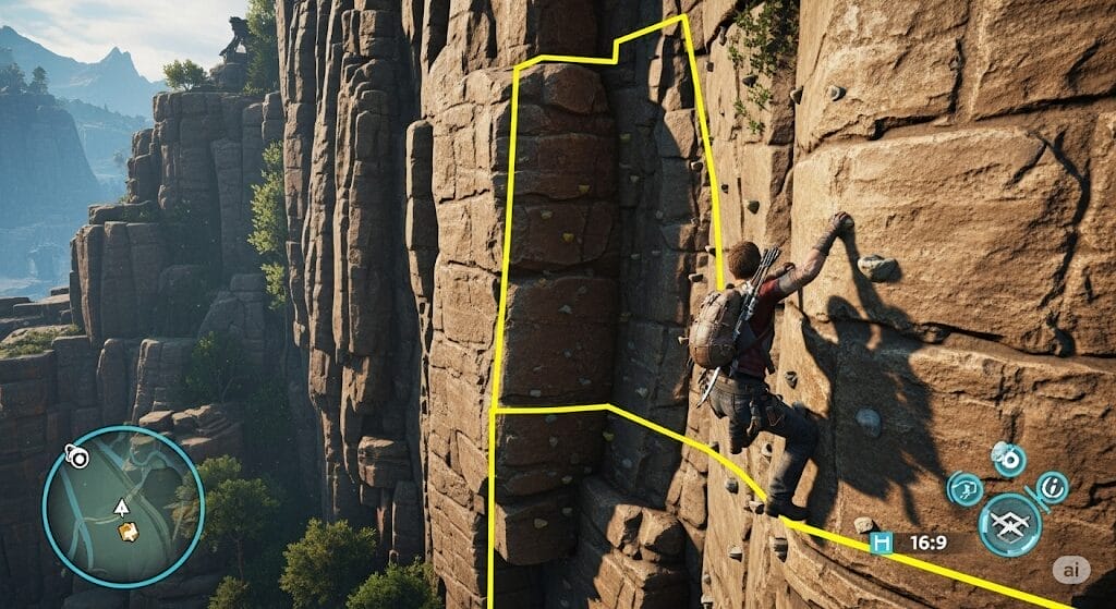 Color in game design - A dynamic in-game screenshot from a game like Uncharted or Tomb Raider. The player is climbing a cliff face, and the climbable ledges are subtly highlighted with a distinct yellow paint, contrasting with the natural rock colors, guiding the player's eye.