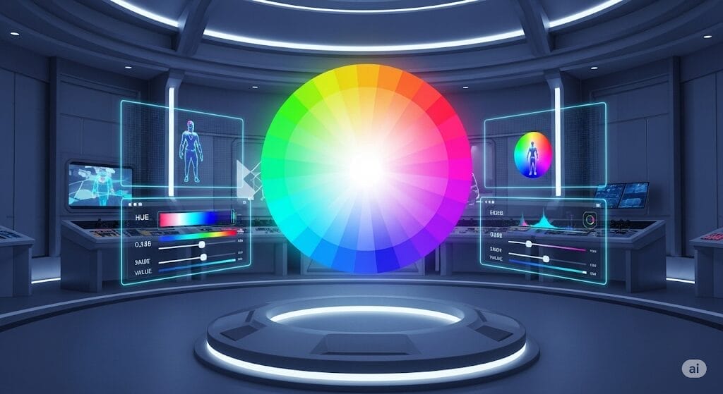 Color in game design - A vibrant, circular color wheel is levitating in the center of a futuristic game developer's studio. Around it, holographic screens show a game character's colors being adjusted with sliders for hue, saturation, and value. The style is sleek and slightly stylized.