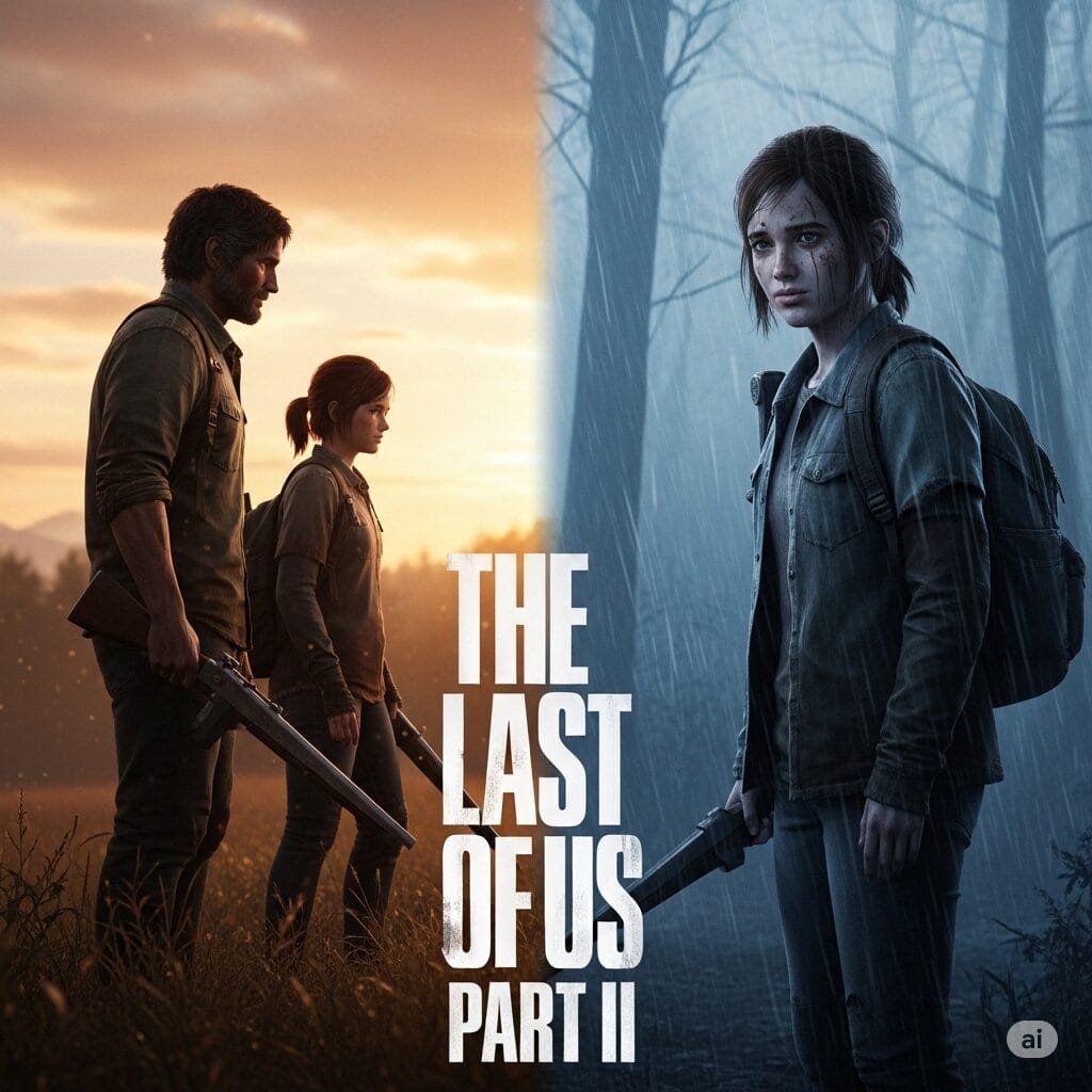 Color in game design -  A split-screen cinematic shot. On the left, a scene from The Last of Us Part I shows Joel and Ellie in a warm, golden-hour light, symbolizing hope. On the right, a scene from The Last of Us Part II shows an older Ellie in a cold, blue-toned, rainy environment, reflecting themes of revenge and loss.
